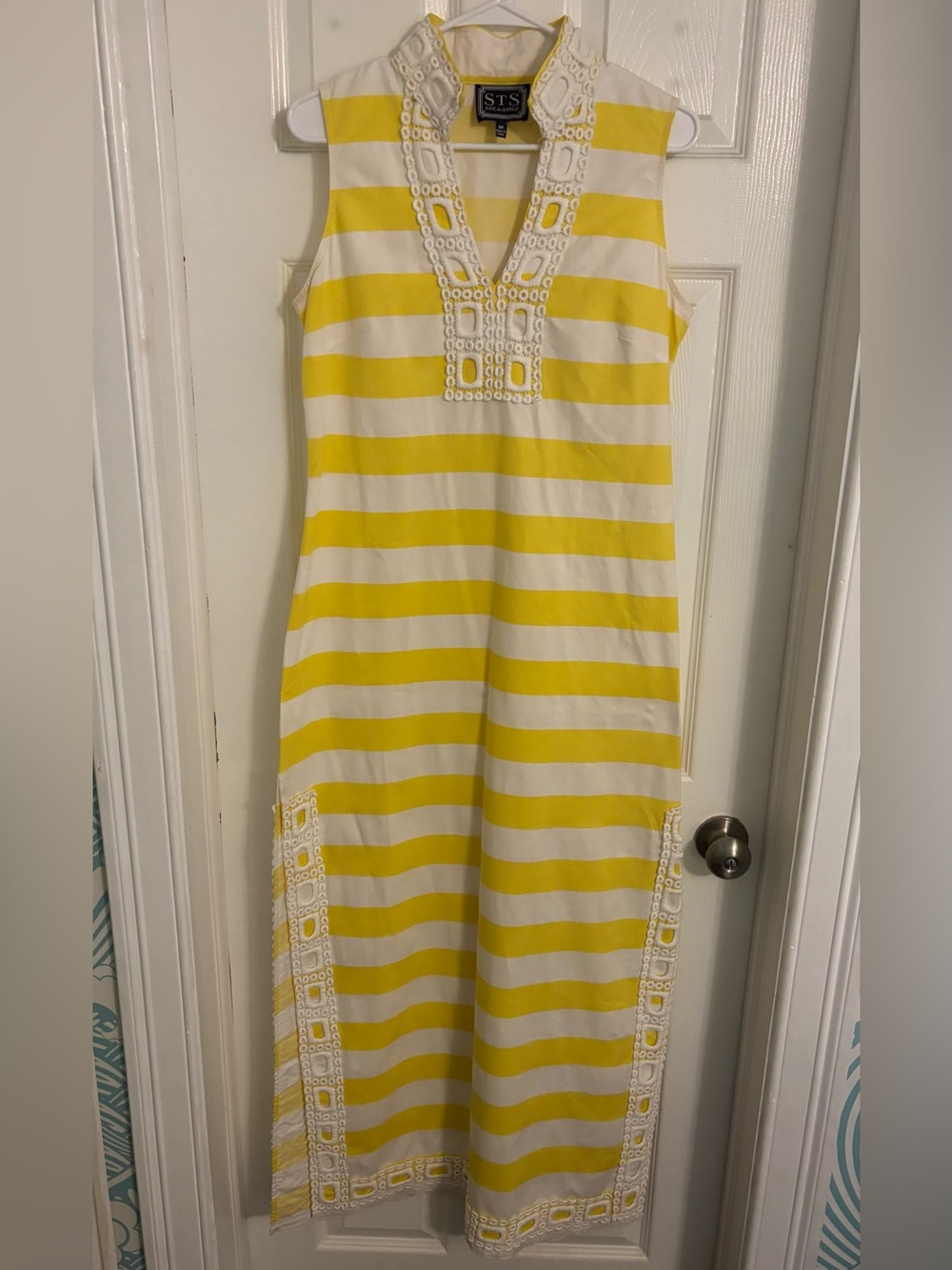 Sail to Sable Yellow and White Striped Girls' Sleeveless Dress with Eyelet Trim